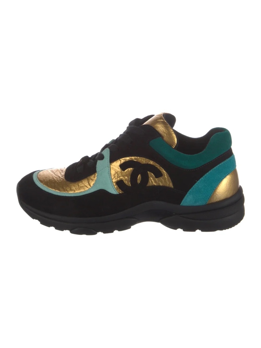 CHANEL 2019 Interlocking CC Black, Gold Foil, Teal Suede Sneakers